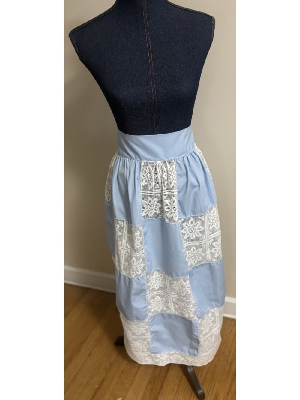 Vintage Handmade Blue Patchwork Lace Maxi Skirt Cottagecore Prairie High Waist